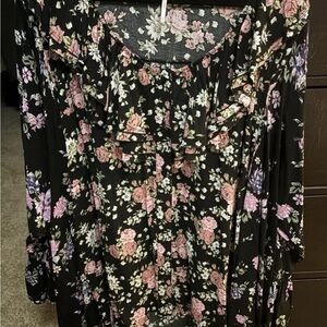 Free People Black Floral Ruffle-Neck Blouse with Pink & Lavender Flowers